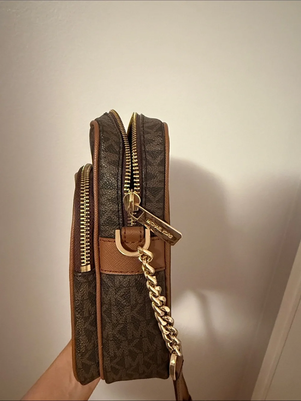 Michael Kors Dark Brown Monogram Leather-Trim Crossbody with Gold Hardware